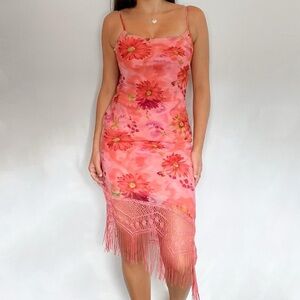 My Mitchell Vintage Y2K Pink Floral Boho Fairy Fringe Dress Size Juniors 7/8